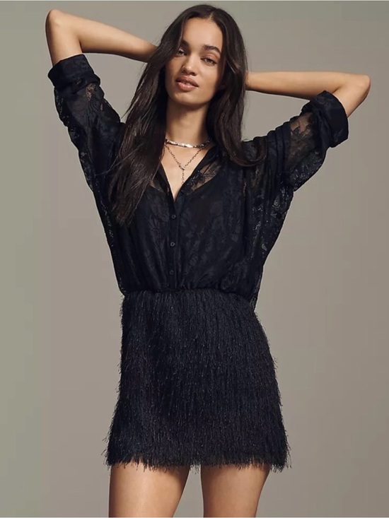 Maeve Dresses & Skirts - Anthropologie Maeve Black twofer Sheer Lace Blouse & Textured Fringe dress
